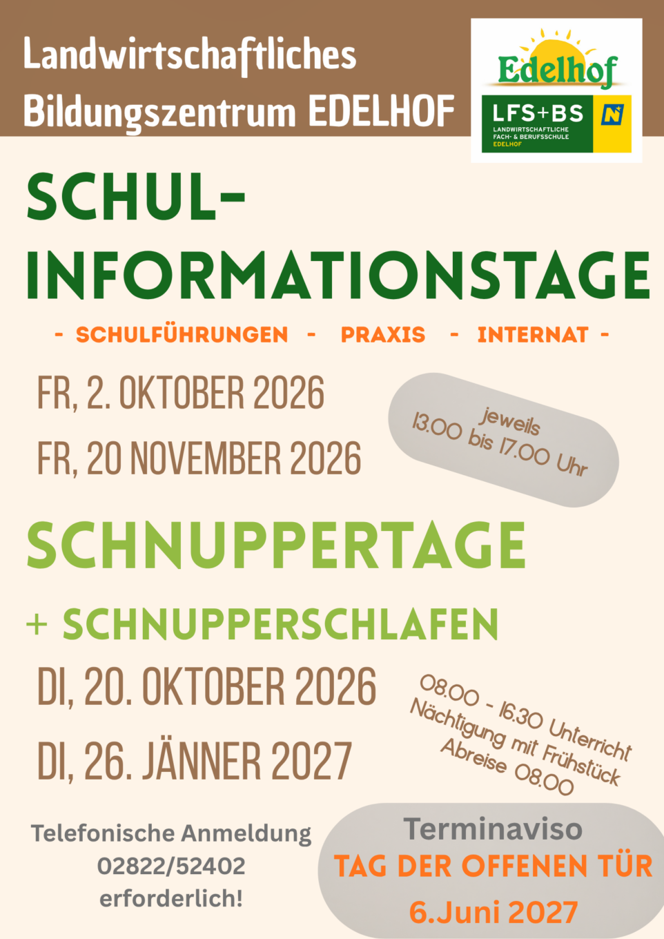 Infos zu unseren Infotagen und Schnuppertagen + Schnupperschlafen